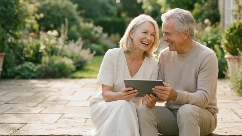 A senior couple smiling while looking at a tablet on a sunny patio, representing financial peace.