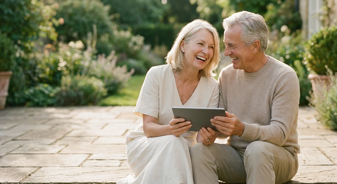 A senior couple smiling while looking at a tablet on a sunny patio, representing financial peace.
