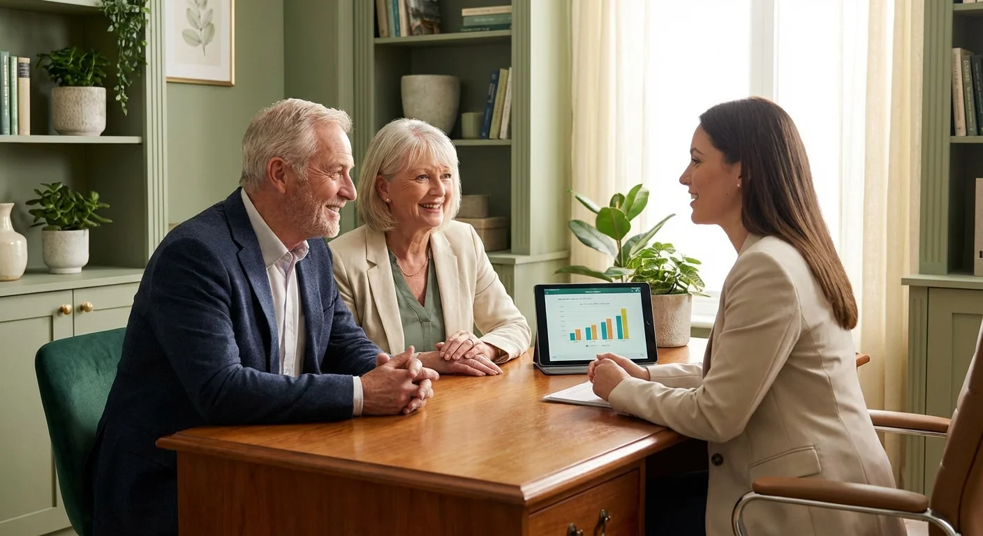 A senior couple talking to a professional advisor with a tablet on the desk.