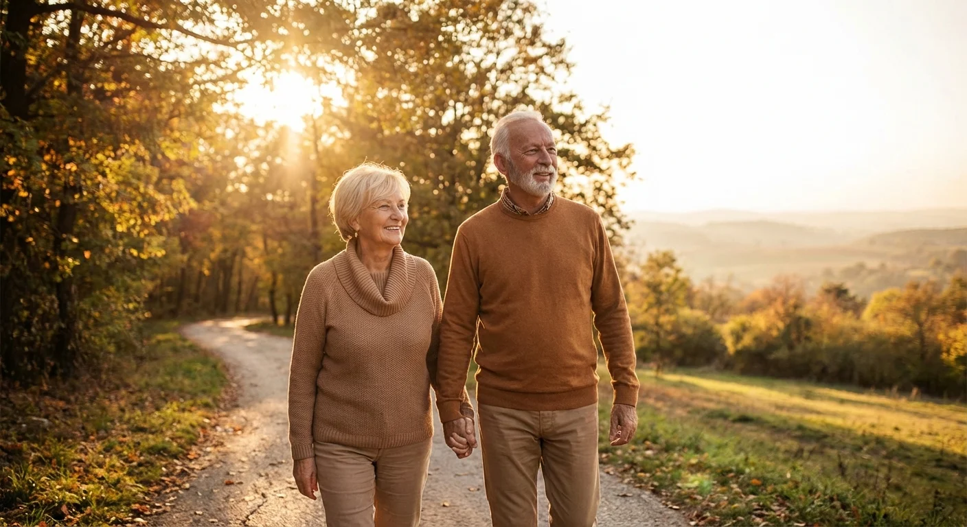 A senior couple walking together in a beautiful park during sunset.