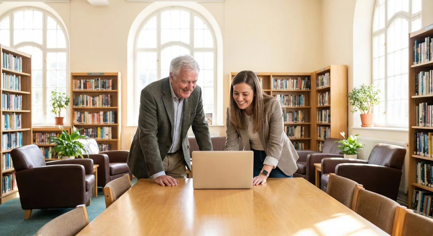 A senior man and a professional consultant working together in a library.