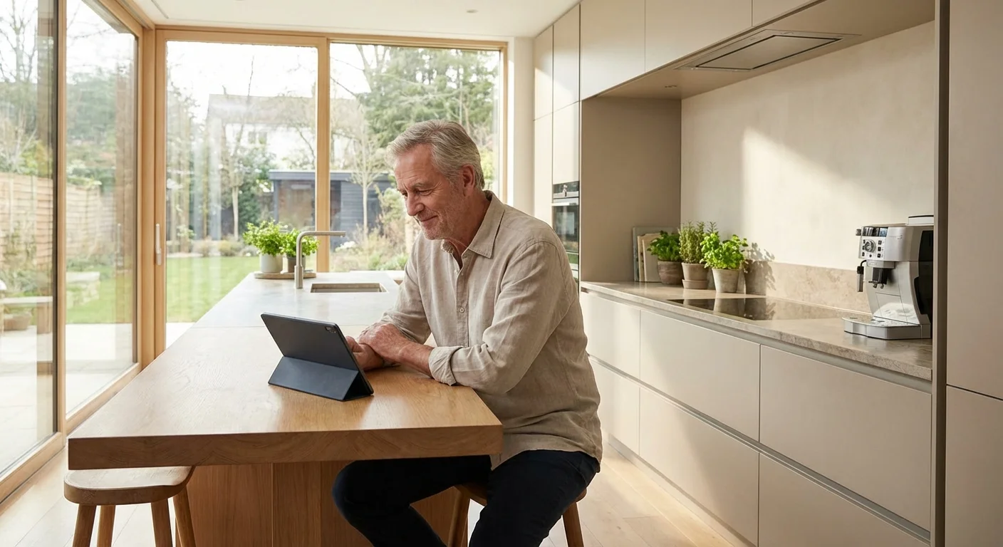 A senior man calmly reviewing financial information on a tablet in a bright, modern kitchen.