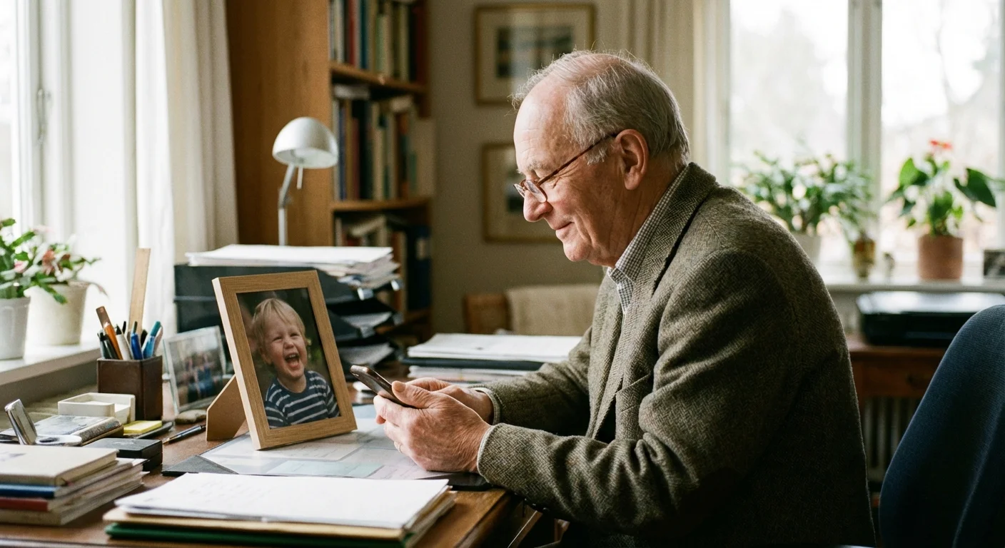 A senior man holding a phone while looking at a framed photo of his grandson.