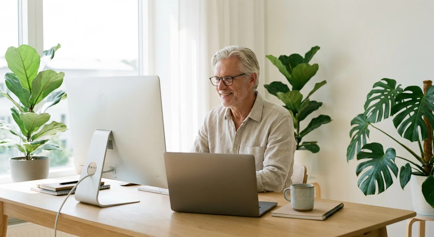 A senior man in a home office looking at a screen with satisfaction.
