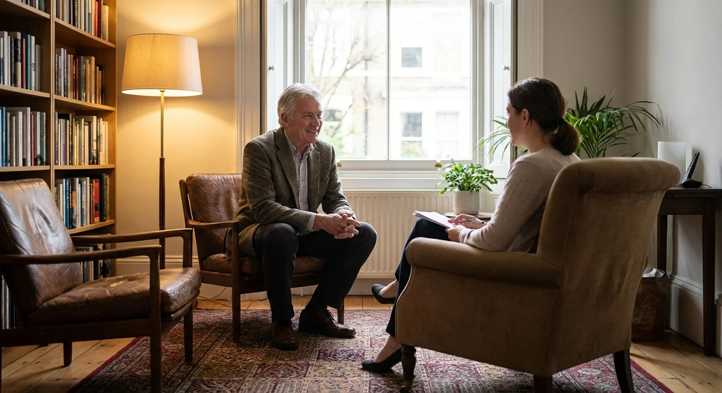 A senior man in a supportive counseling session with a professional therapist.