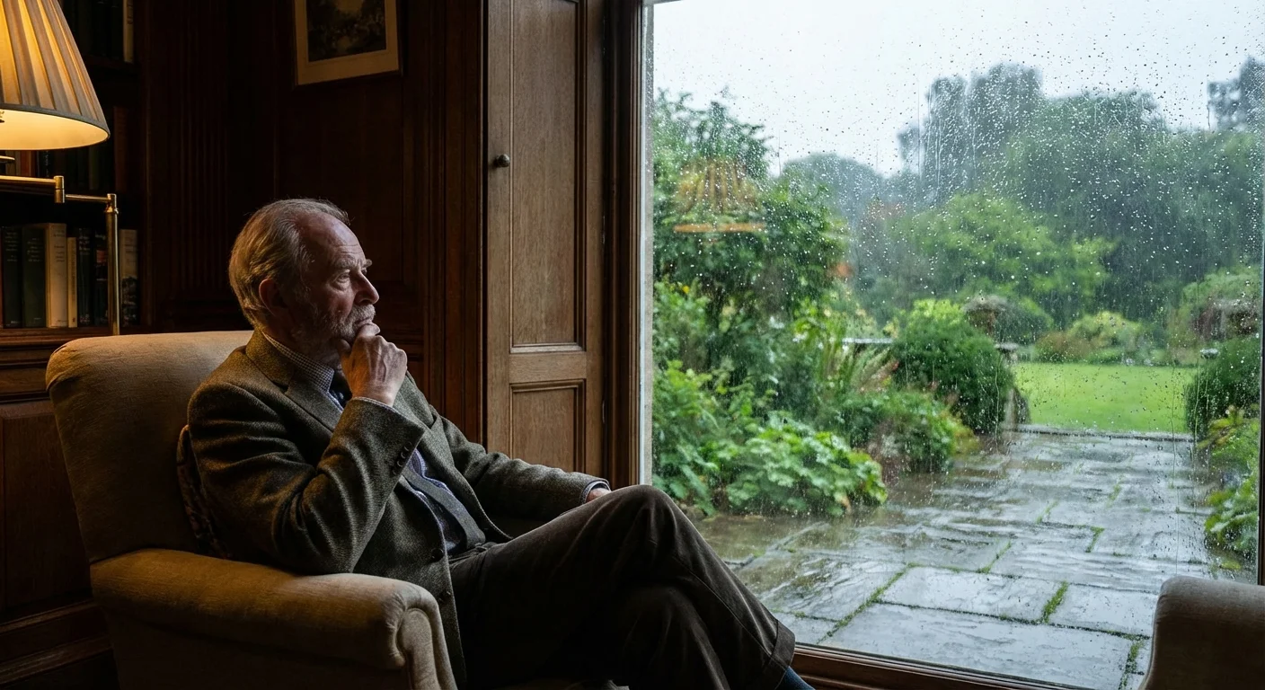 A senior man looking out a window thoughtfully, representing careful decision making.