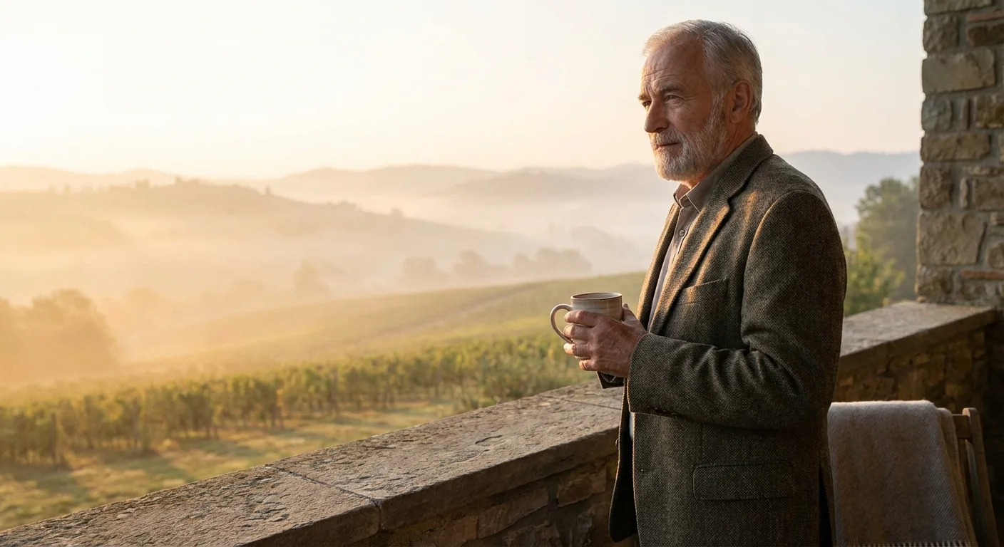 A senior man looking out from a balcony at sunrise, representing the gift of time in retirement.