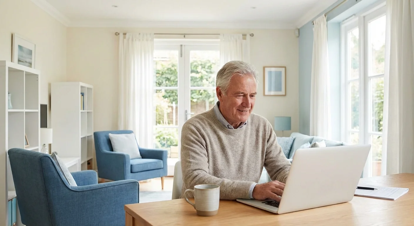 A senior man looking relaxed while using a laptop in a bright home office.