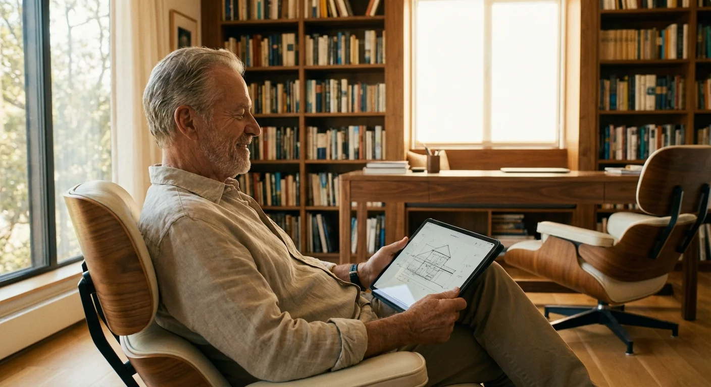 A senior man looking satisfied while checking financial rates on a tablet in a home library.