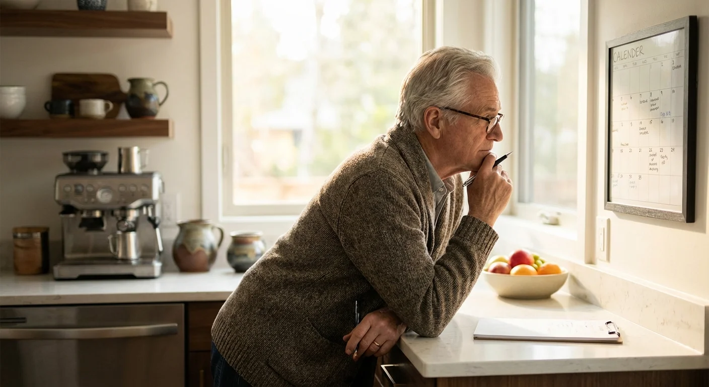 A senior man looks at a calendar in a bright kitchen, illustrating the difference between normal forgetfulness and cognitive signs.