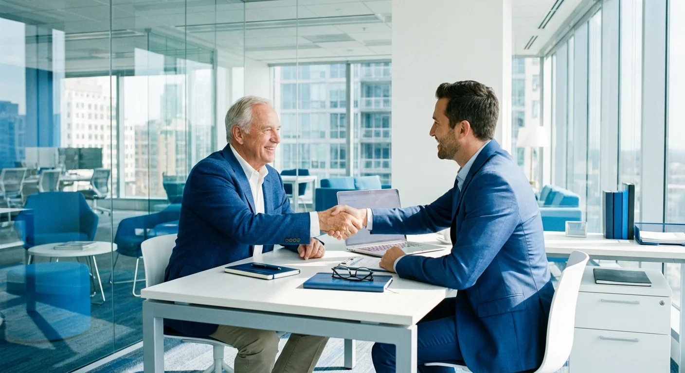 A senior man shaking hands with a professional advisor in a modern office.