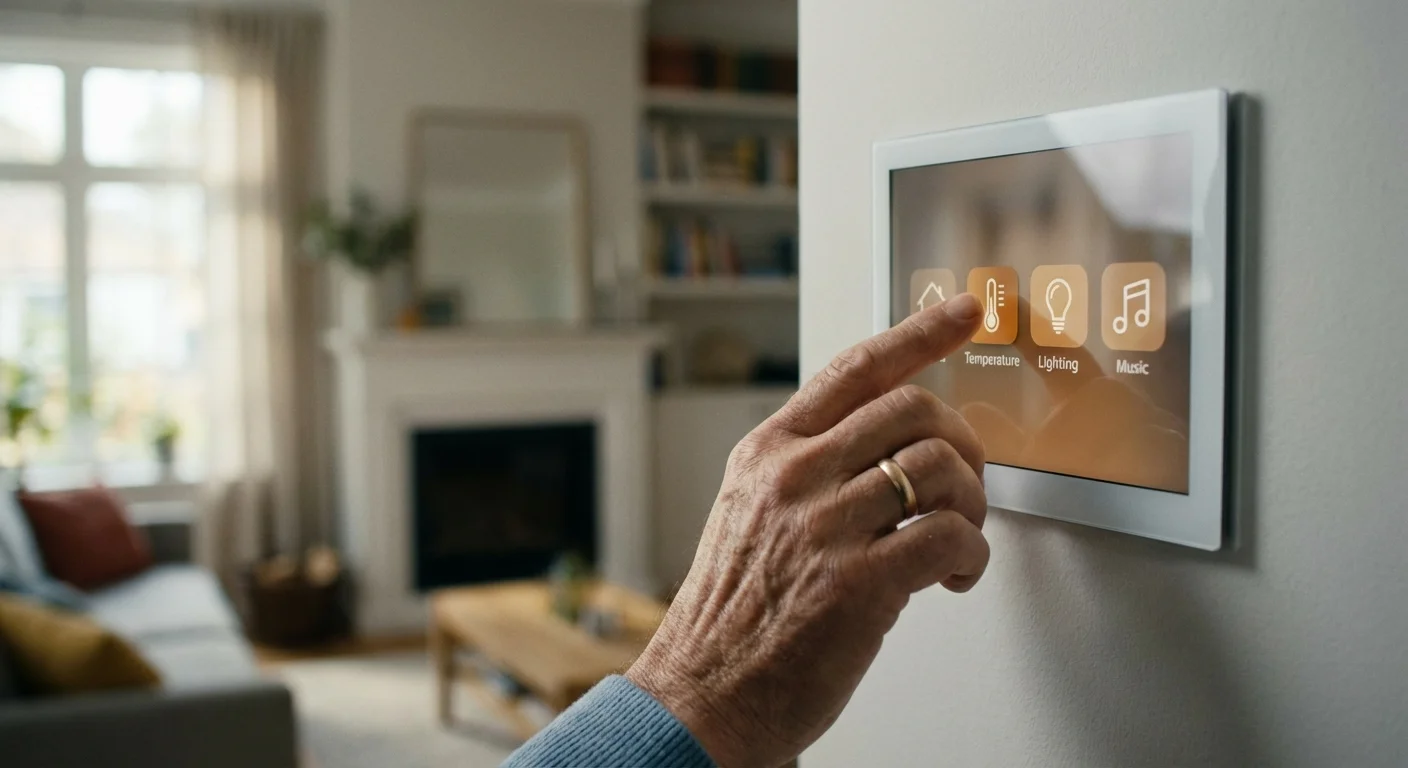 A senior man using a touch-screen smart home control panel on a wall.