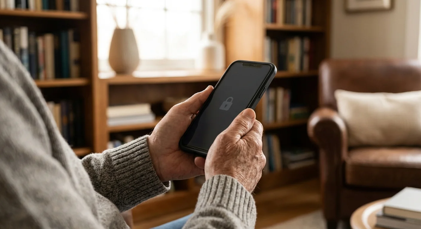 A senior man's hands holding a smartphone securely in a quiet, modern room.