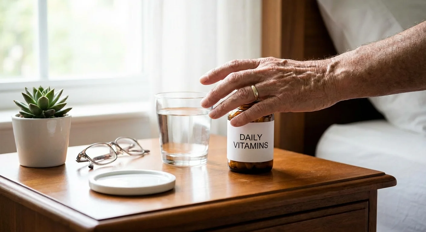 A senior reaches for water and supplements, representing the importance of checking for reversible health issues.