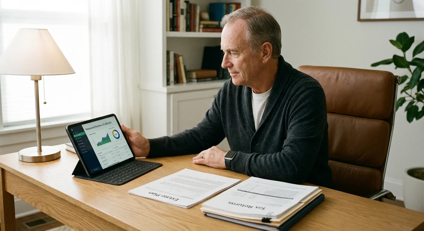 A senior researching health tech coverage on a tablet at home.