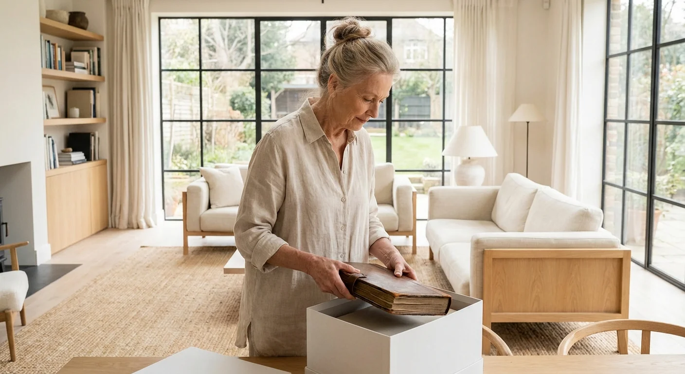 A senior woman carefully packing a memory box in a bright, sunlit room.