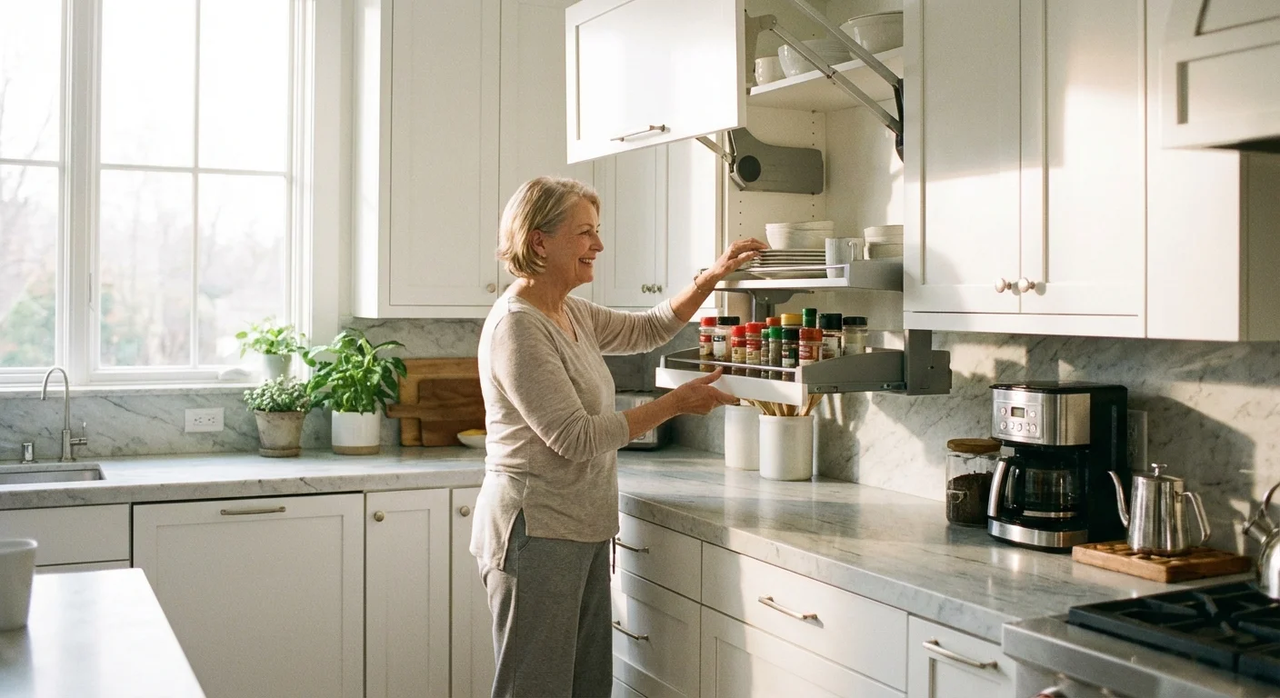 A senior woman easily reaching items in a kitchen with pull-down shelving.