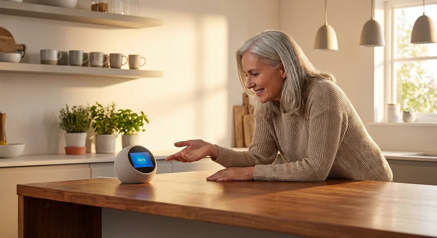 A senior woman interacting with a smart assistant device on her kitchen counter.
