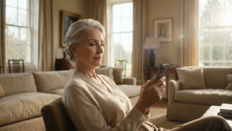A senior woman looking calmly at her smartphone in a bright, modern living room.
