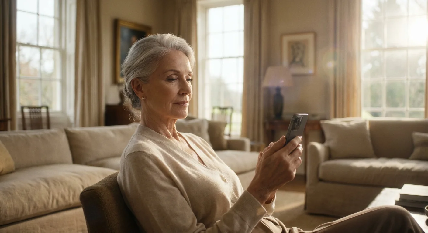 A senior woman looking calmly at her smartphone in a bright, modern living room.