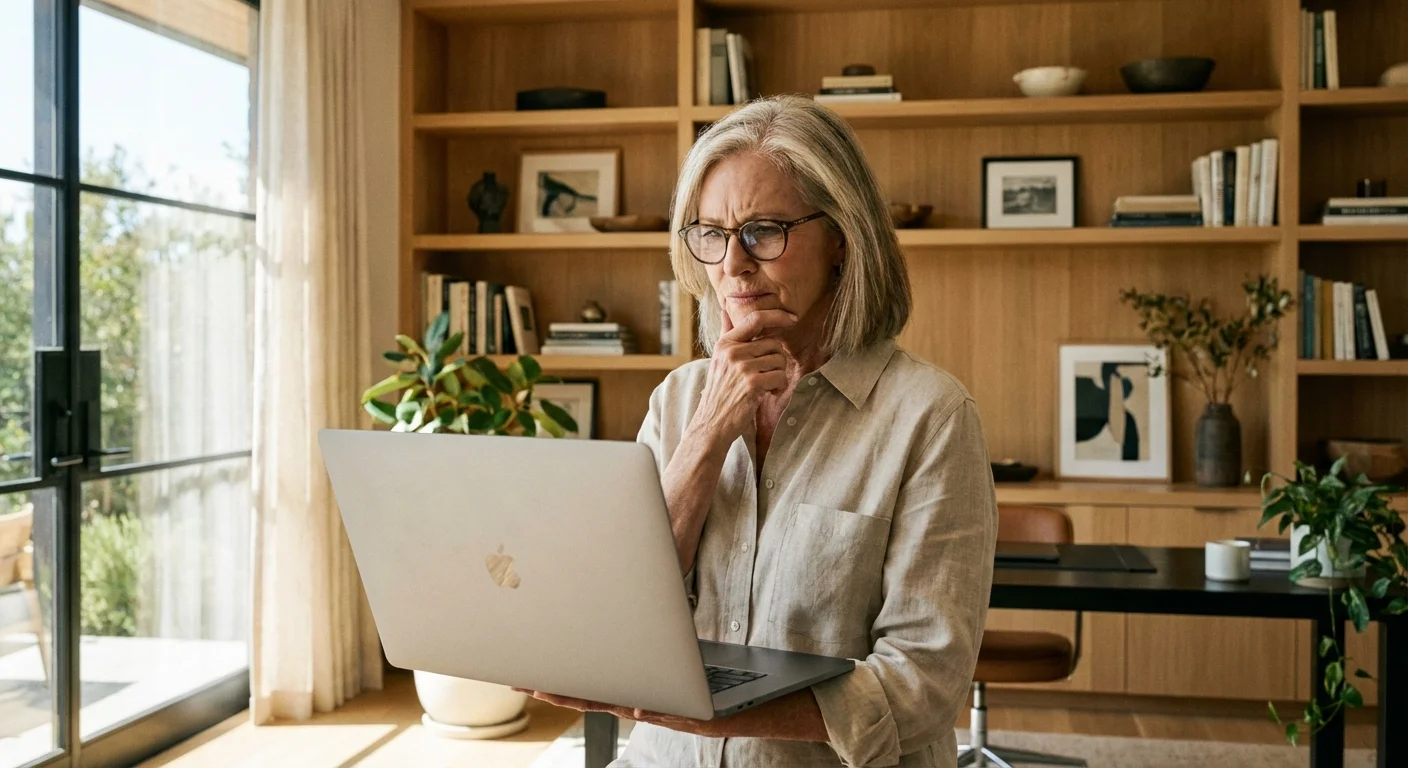 A senior woman looking skeptically at her laptop screen in a bright office.