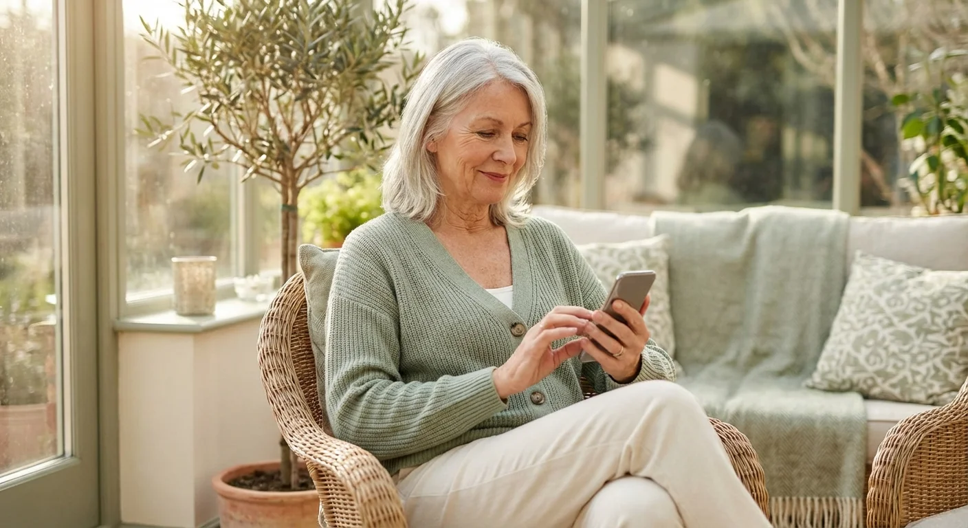 A senior woman looking thoughtfully at her smartphone in a bright sunroom.