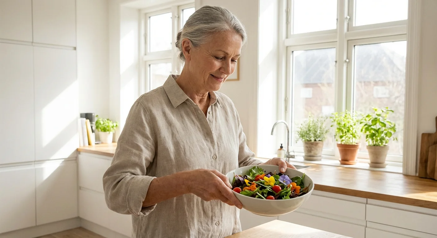 A senior woman preparing a healthy meal in a bright kitchen, symbolizing appetite control and satiety.