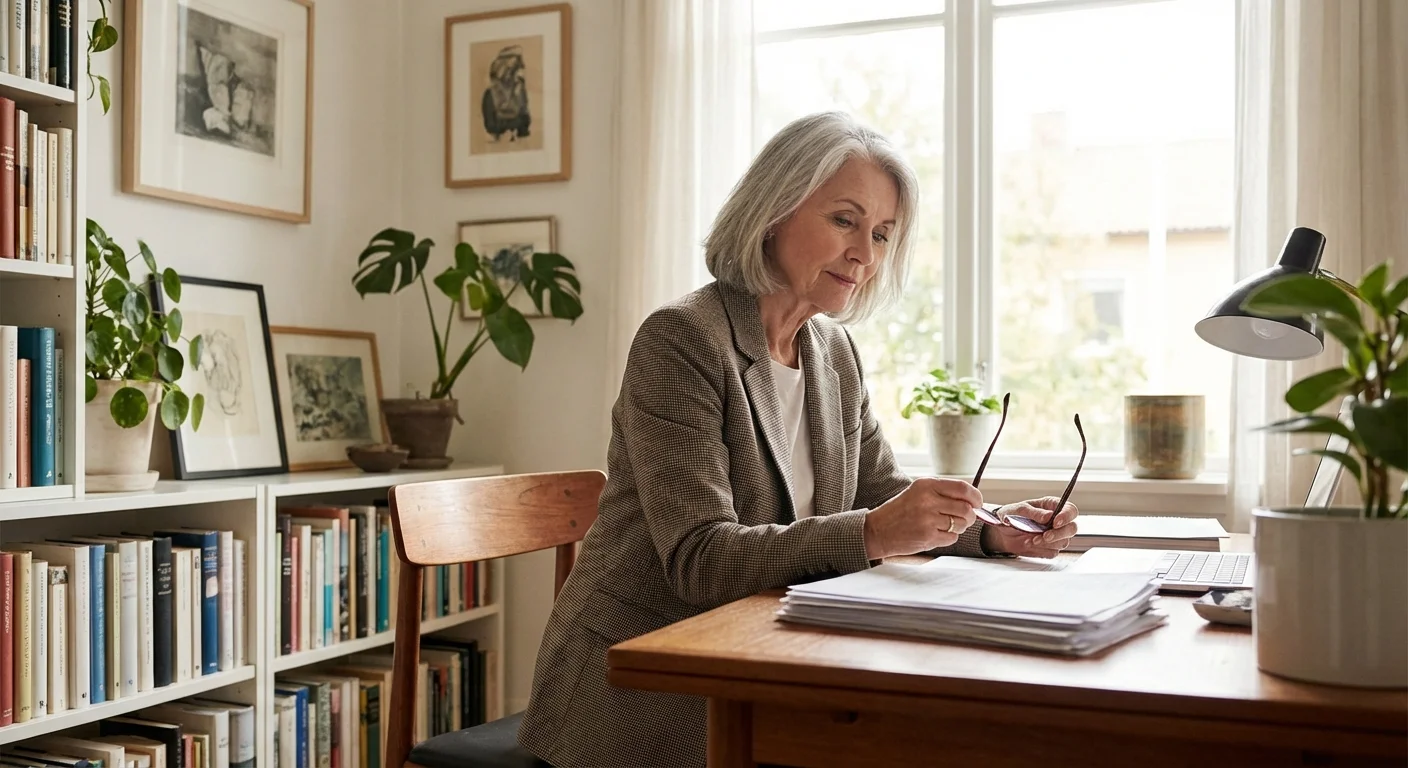 A senior woman reviewing documents in a sunlit, organized home office.