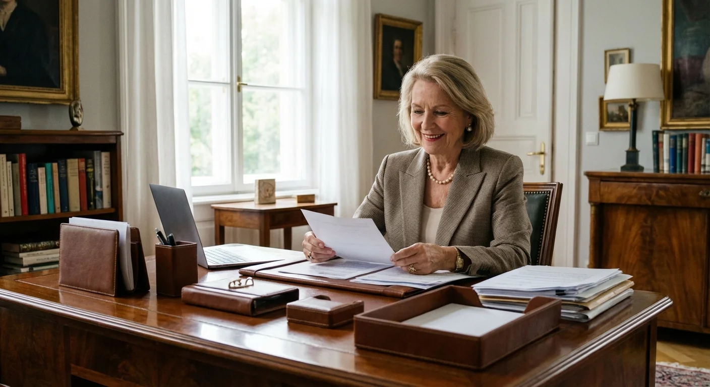 A senior woman reviewing her financial strategy in a well-lit home office.