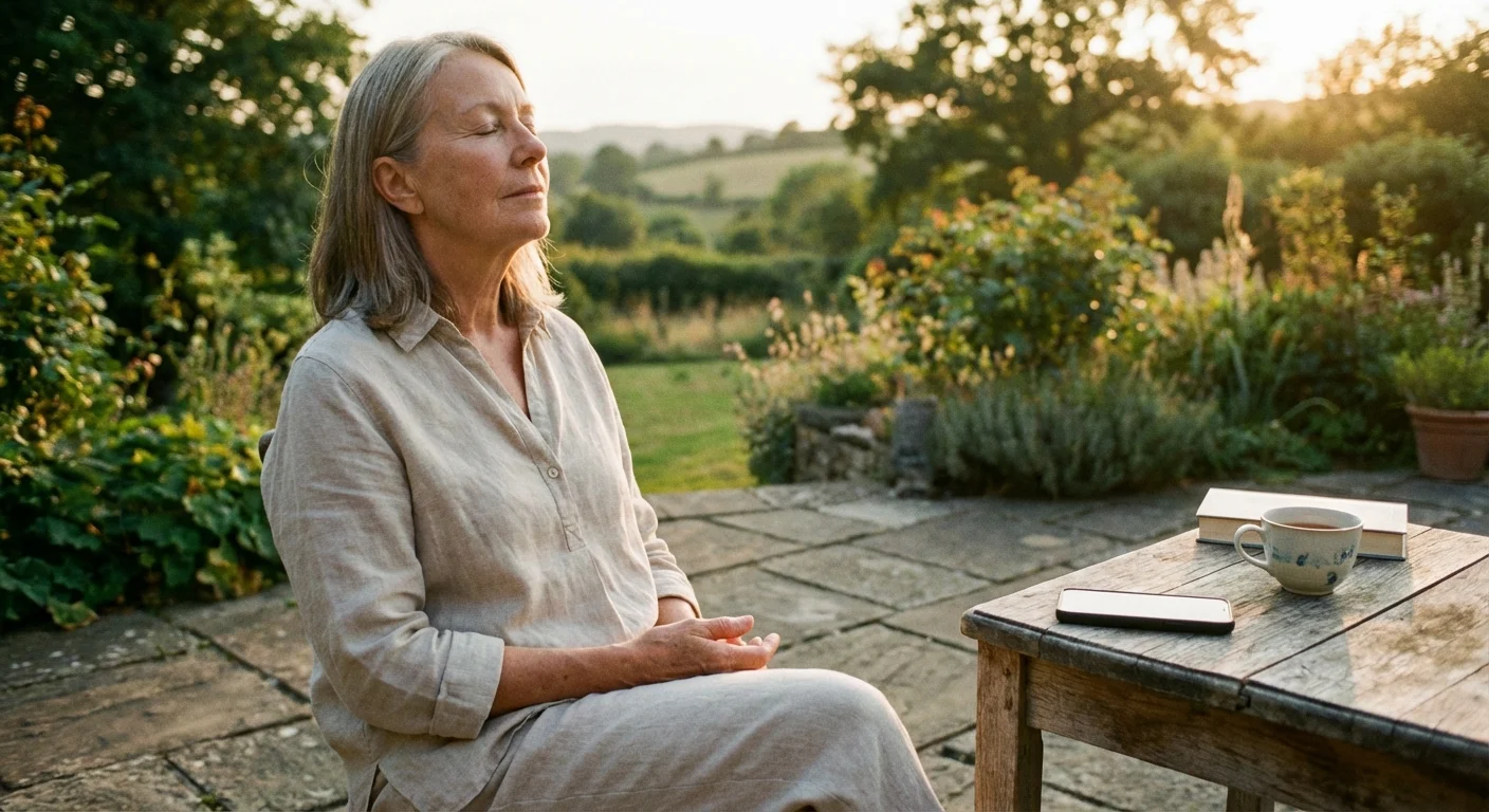 A senior woman sitting peacefully on a patio with her phone face down.