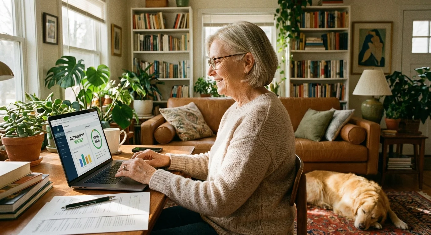 A senior woman smiling while looking at financial information on her laptop.