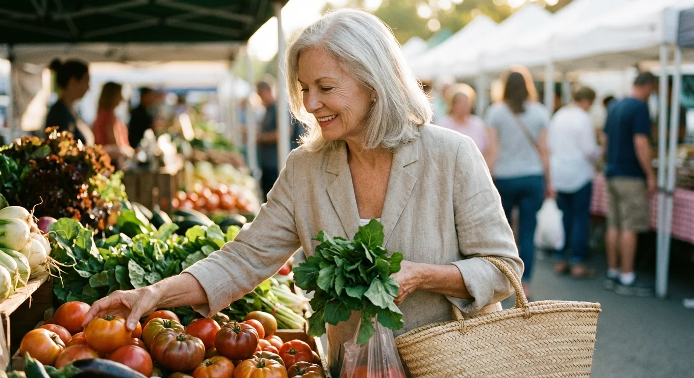 A senior woman smiling while shopping for fresh produce at an outdoor market.