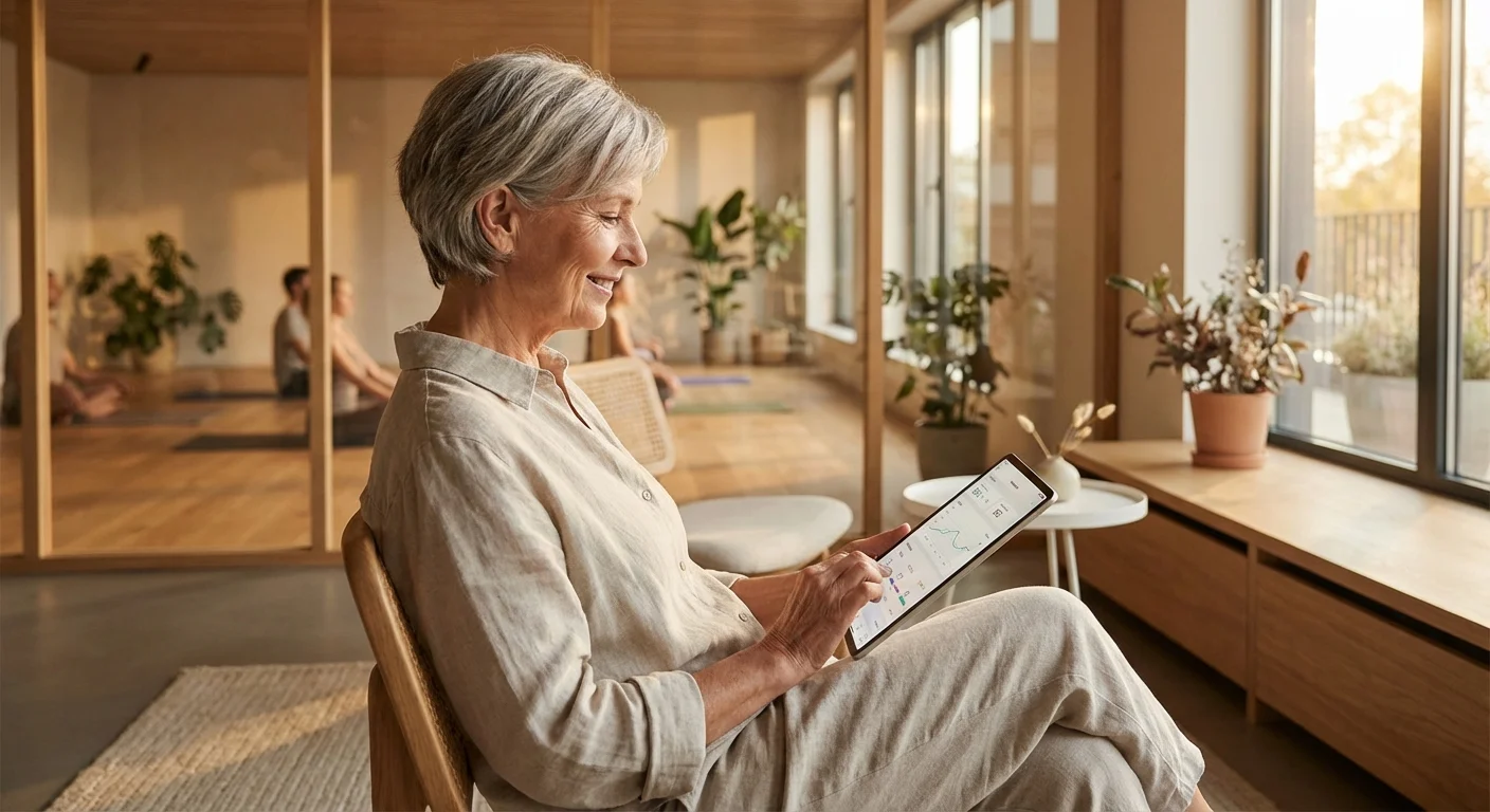 A senior woman using a tablet in a modern wellness center at a retirement community.