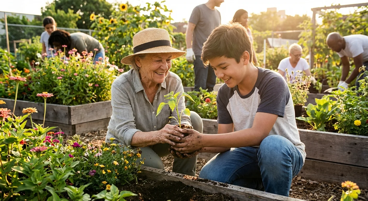 A senior woman volunteering in a community garden, representing charitable giving.