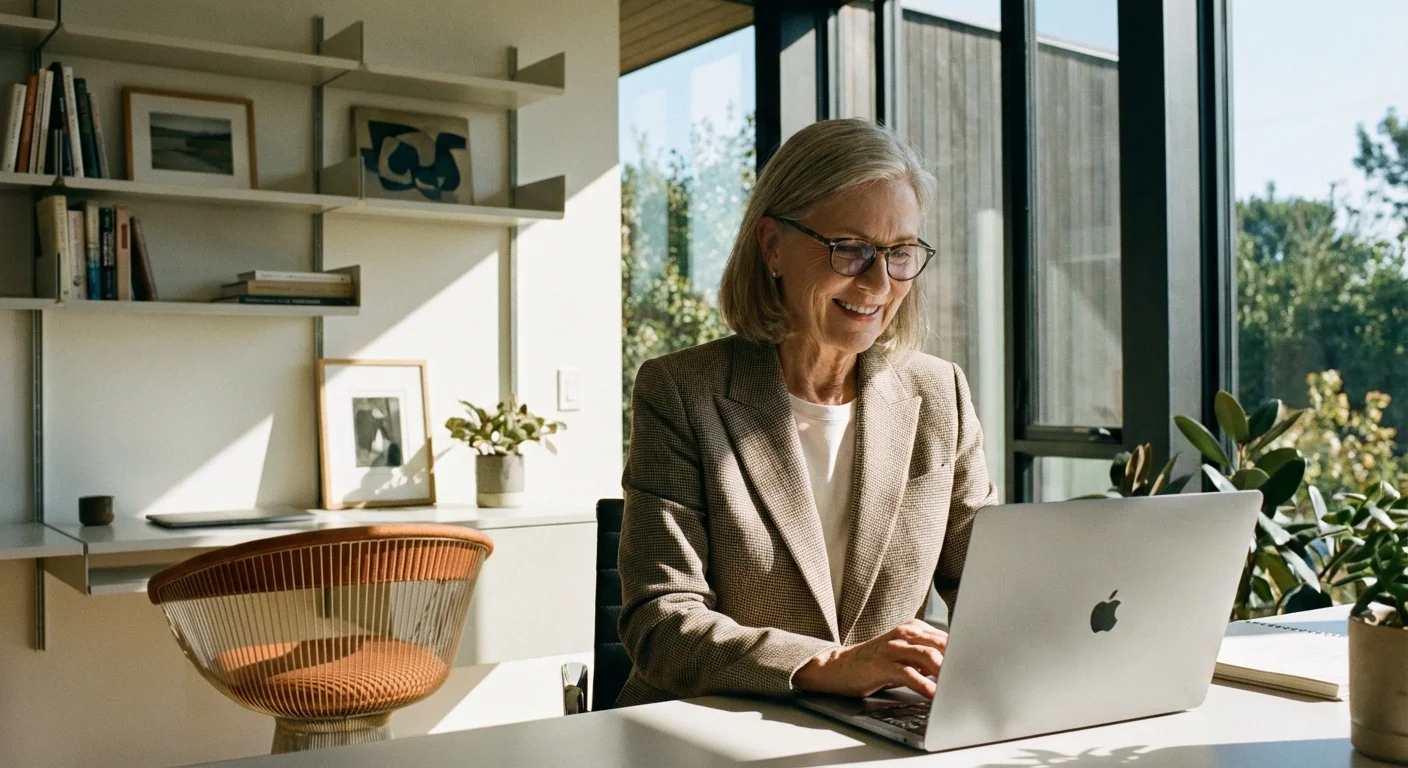A senior woman working on a laptop in a bright office, symbolizing late-career financial growth.
