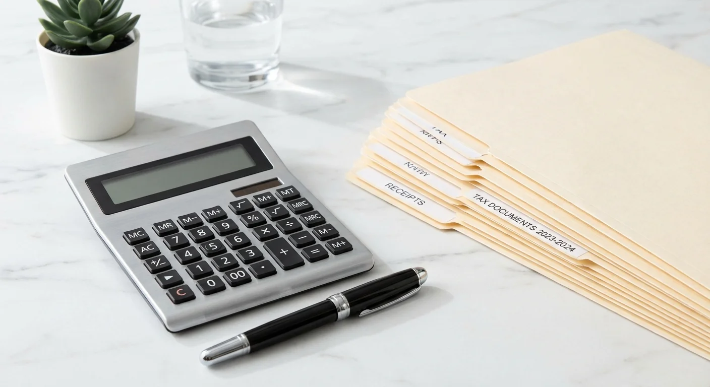 A silver calculator and fountain pen on a marble surface.