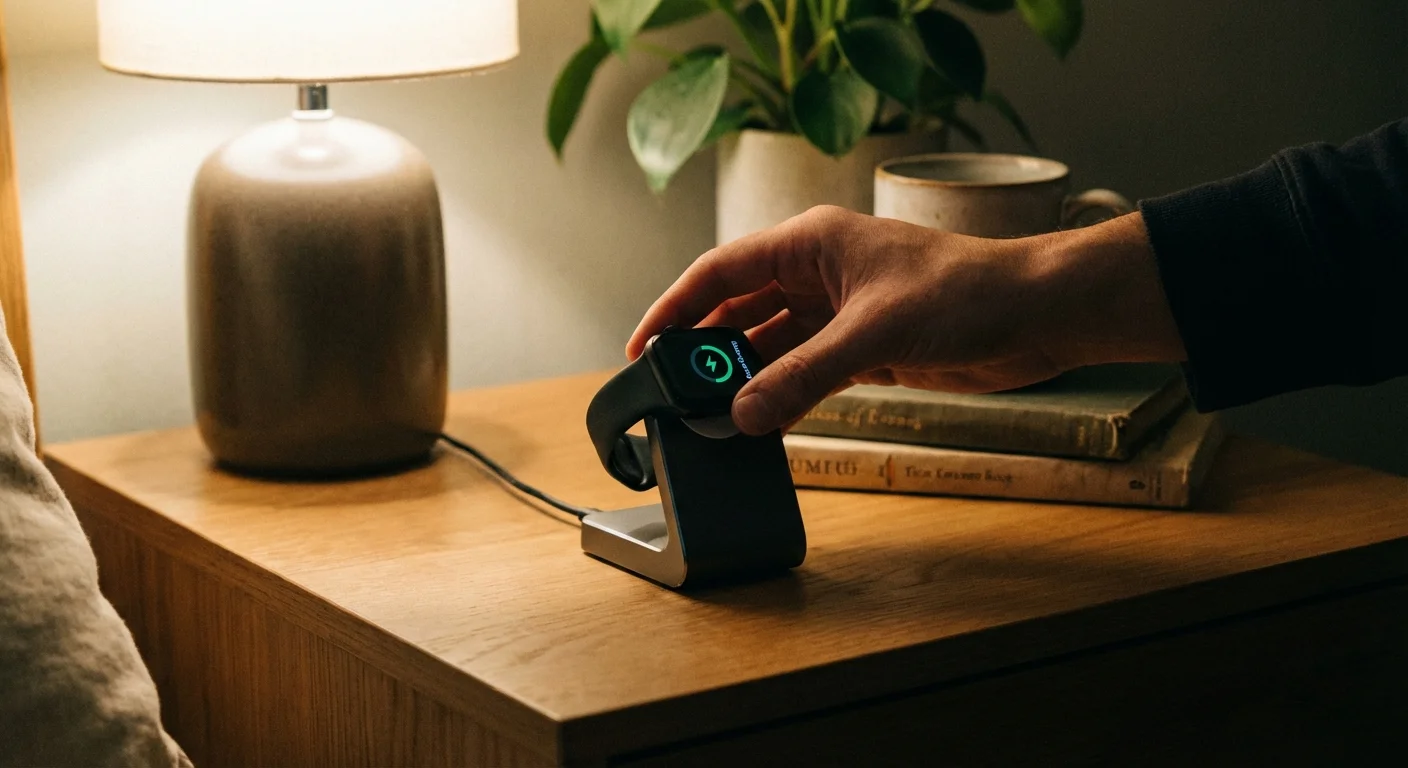 A smartwatch being charged on a bedside table at night.