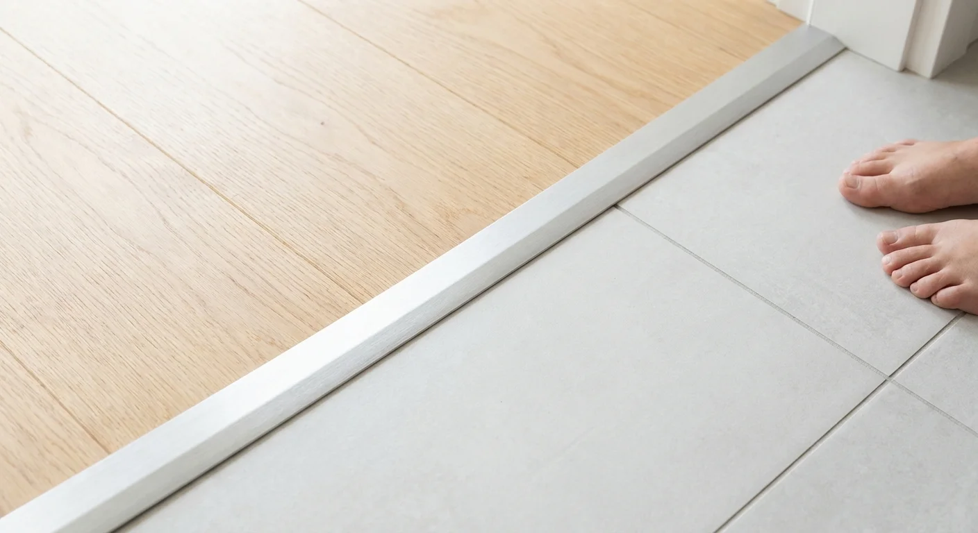 A smooth floor transition strip between two rooms, showing a trip-free path.