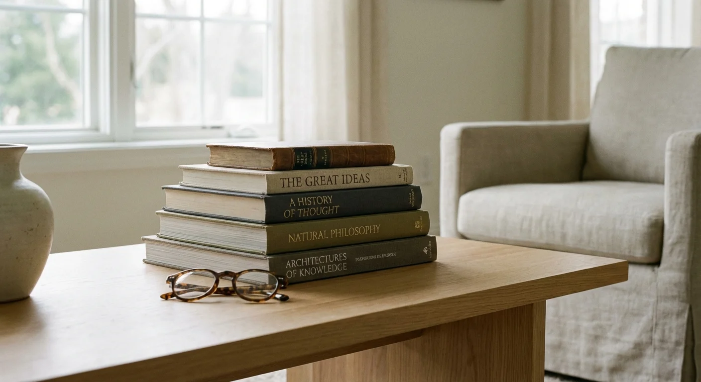 A stack of books and glasses on a coffee table, representing reliable knowledge and resources.