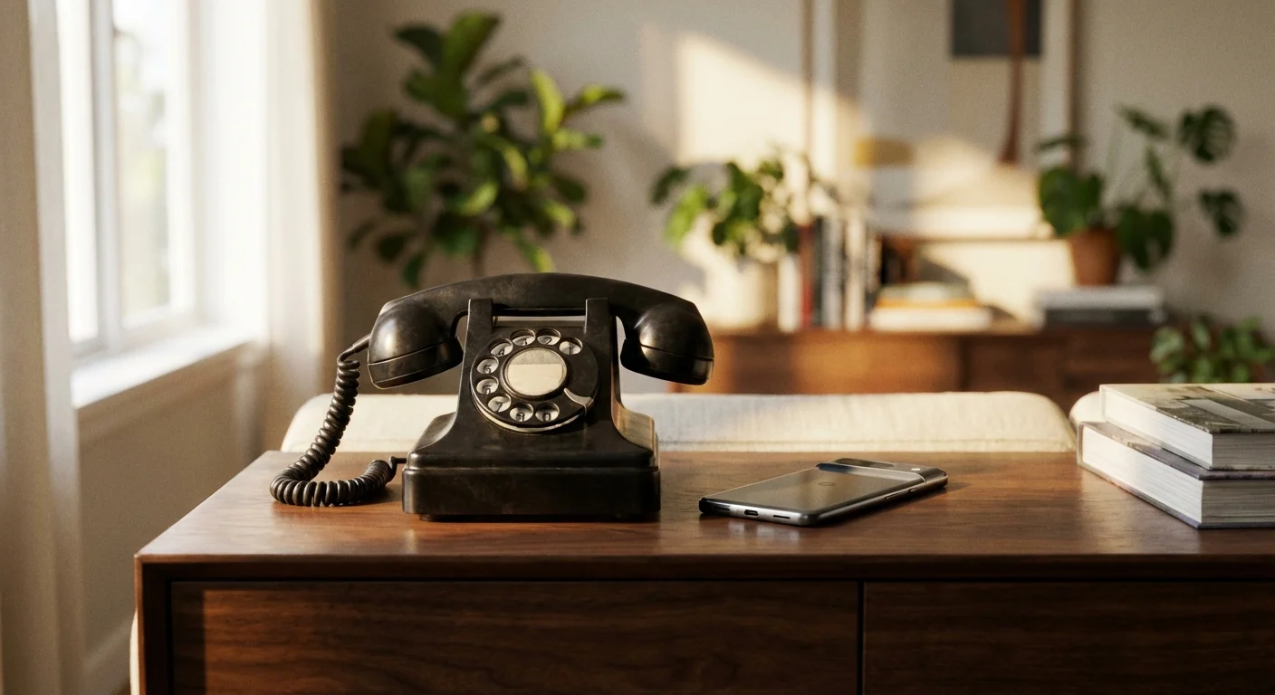 A vintage rotary phone and a modern smartphone side-by-side on a wooden table.