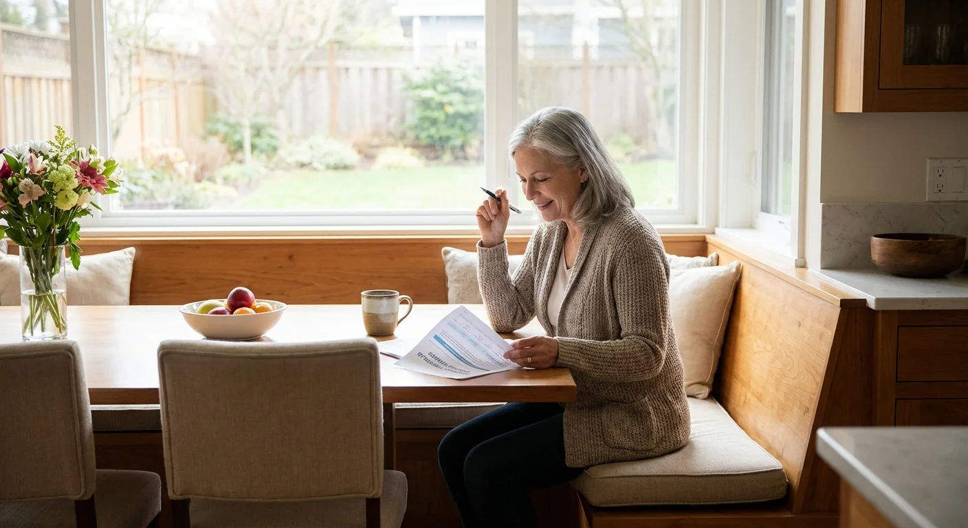 A woman calmly reviewing financial documents in a sunlit breakfast nook.