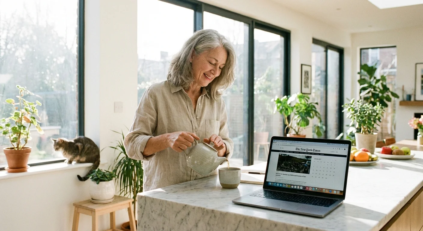 A woman enjoying tea in a bright kitchen with a laptop nearby, showing financial flexibility.