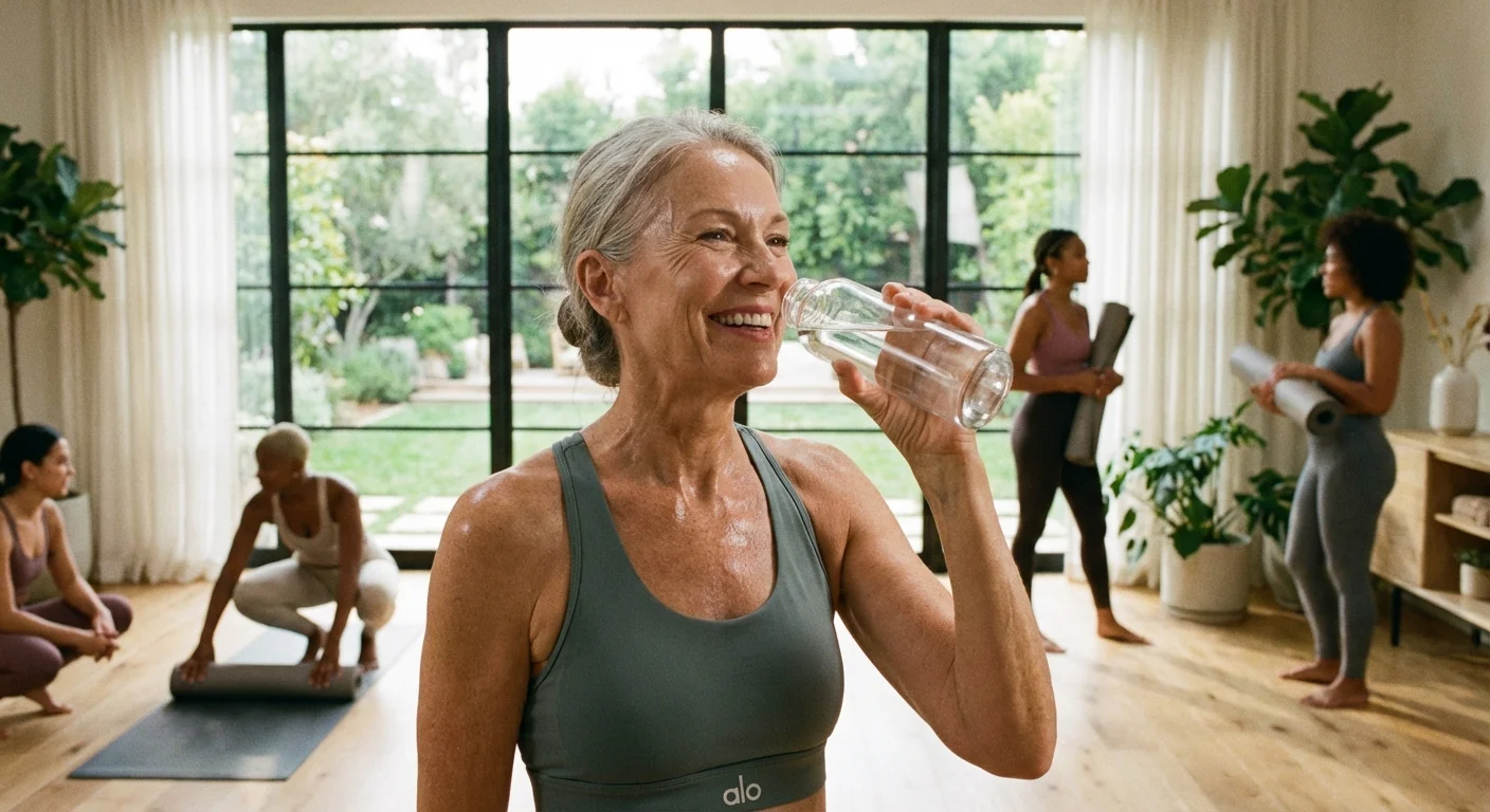 A woman in a bright yoga studio, symbolizing health and wellness.