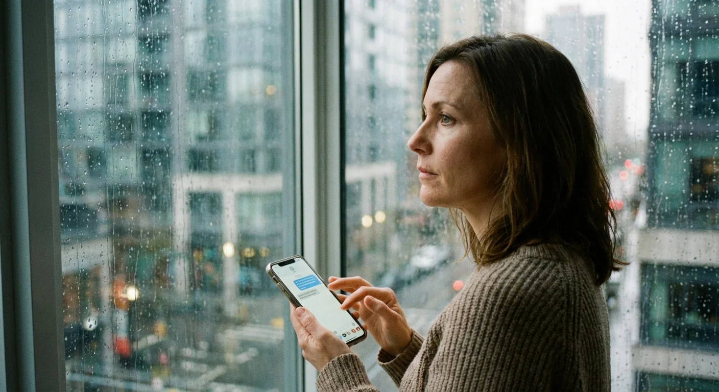 A woman looking out a window thoughtfully while holding a phone.