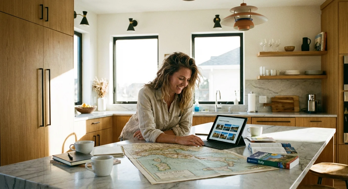 A woman planning her relocation by looking at a map and tablet in a bright, modern kitchen.
