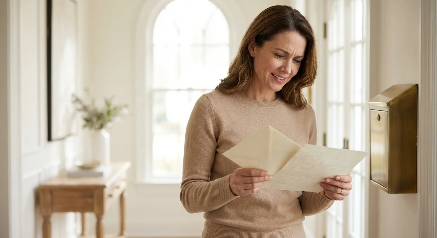 A woman reviewing a document in a sunlit home entryway.