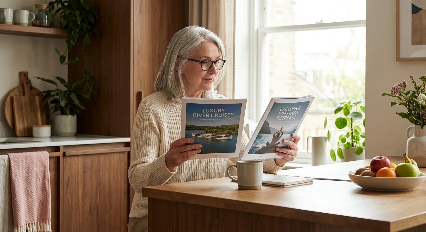 A woman reviewing two different brochures in a bright, upscale kitchen.