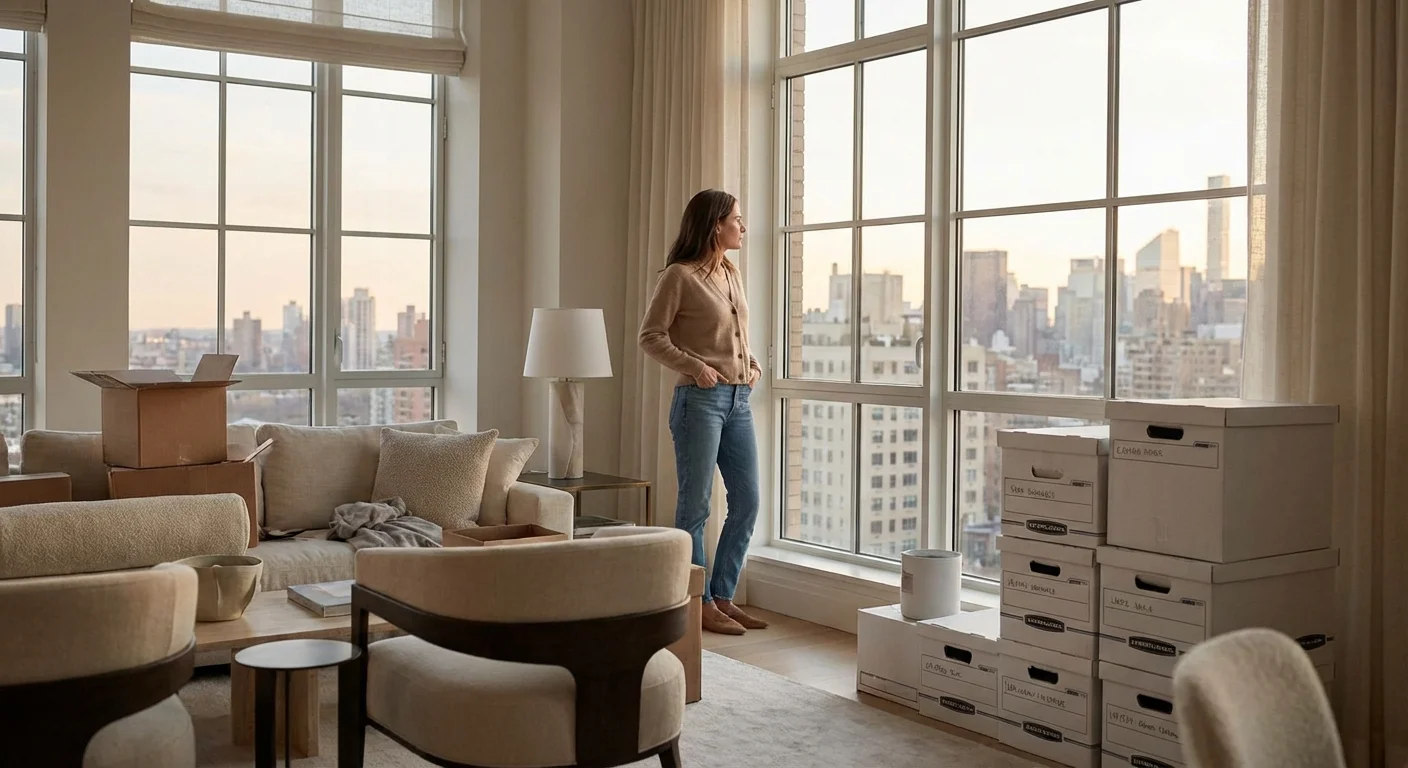 A woman standing among moving boxes, looking thoughtfully out a window during a move.