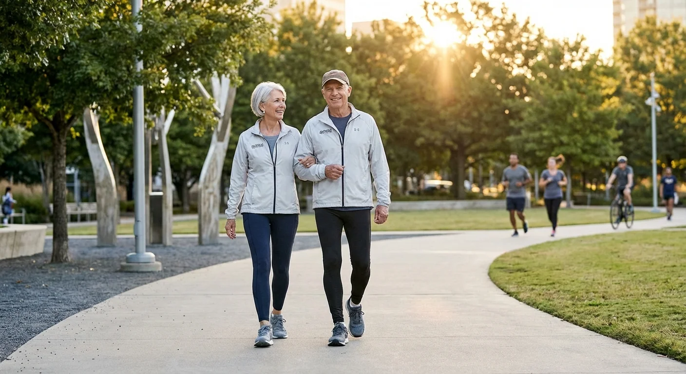 An active senior couple walking in a park, representing health and the ongoing costs of wellness.