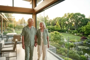 An active senior couple walking through a modern, sunlit retirement community clubhouse.